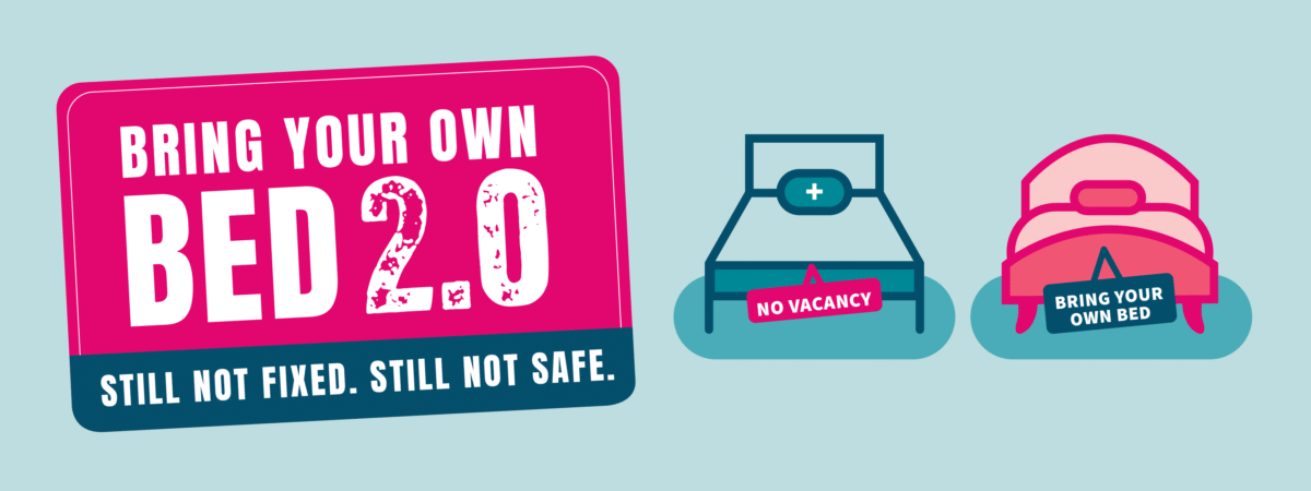 Image of logo and two illustrated beds