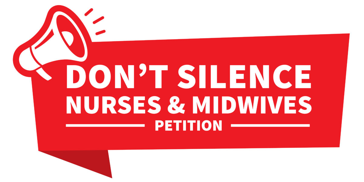 Red banner with megaphone icon and text about petition for nurses and midwives